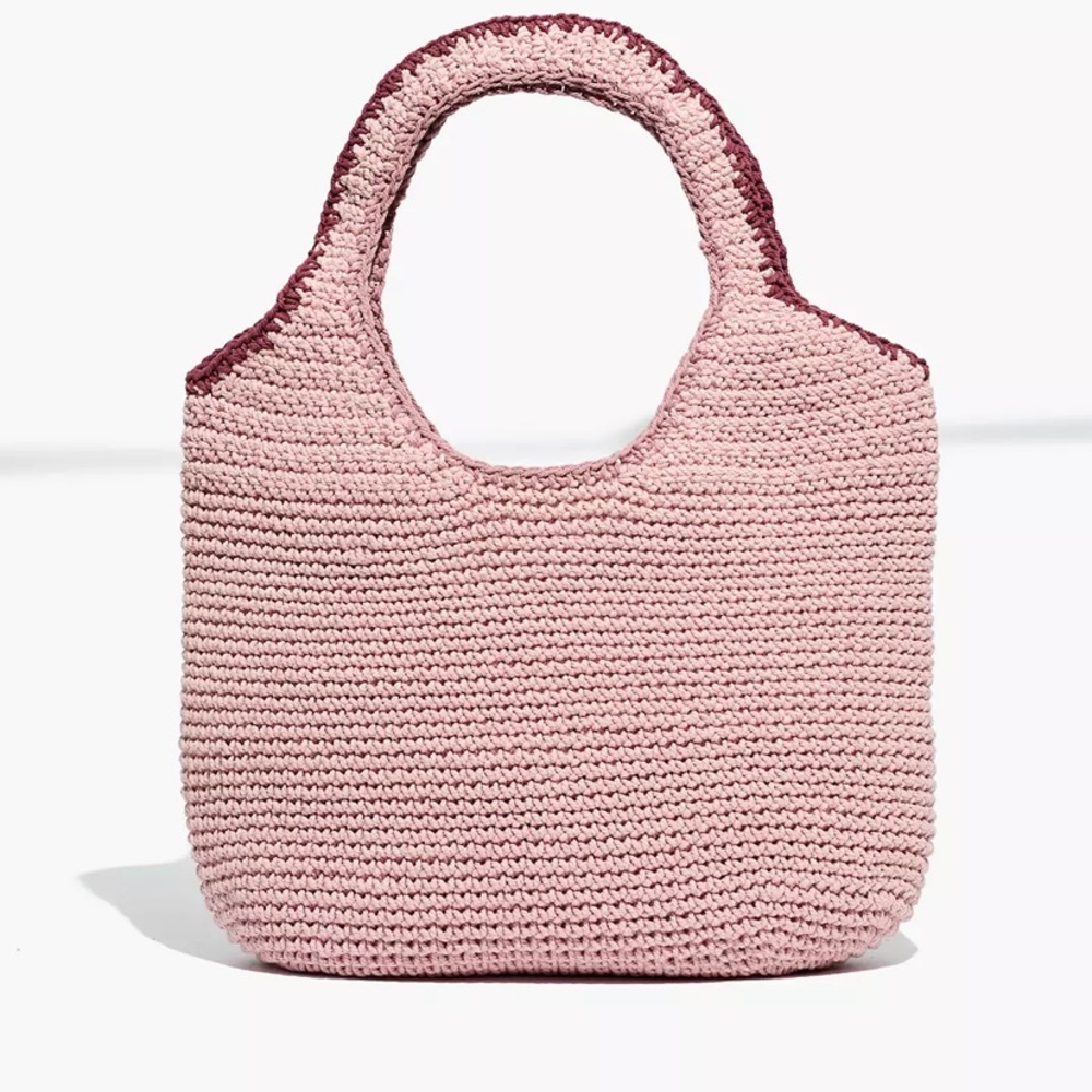 Madewell Pink Crochet Tote with Burgundy Trim